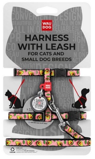 Collar WauDog Nylon Szelki ze smyczą nylonowe anatomiczne w kształcie litery H, z QR-paszportem, plastikowy fastex, wzór AWOKADO