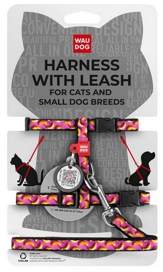 Collar WauDog Nylon Szelki ze smyczą nylonowe anatomiczne w kształcie litery H, z QR-paszportem, plastikowy fastex, wzór BANANY 